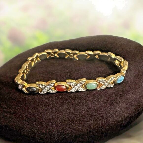 Vintage Goldtone Multi-Stone Link Bracelet – Fold Over Clasp - Picture 1 of 13